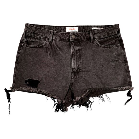 Wrangler Mid Rise Vintage Denim Shorts Black Distressed Cutoff Raw Hem Womens 14 - Picture 1 of 5